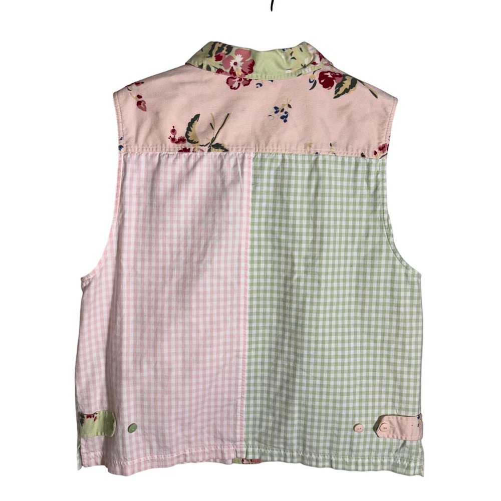 Bechamel Vintage Patchwork Vest Womens Large Pink Green Floral Gingham Cotton - Picture 5 of 7
